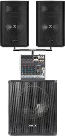 VONYX SMWBA15 Active PA System for Singers with 15 Bi-Amplified Subwoofer, Dual 10 Passive Speakers, 6-Channel DSP Mixer, Bluetooth & Twin Crossbar Stands for Live Performance