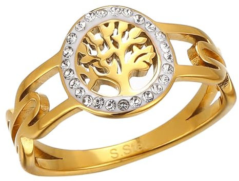 PAURO Femme Acier Inoxydable Bague Ronde Creuse en Zirconium Arbre de Vie Or Taille 52