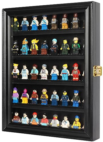 Joody Vitrine pour Mini Figurine Collection, Vitrine Murale en Bois pour Lego Minifigures, Vitrine avec Porte Verrouillable pour Petits Objets, Anti-Poussiere pour Jouets, Noir