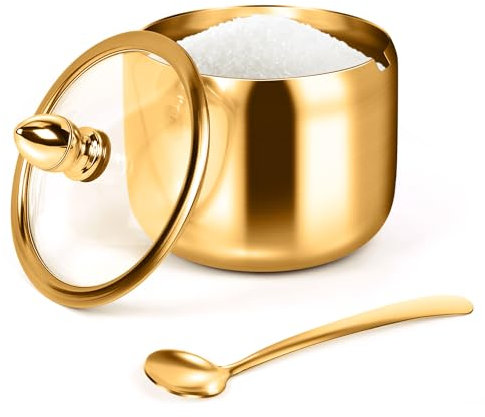 holoith Sugar Container with Glass Lid and Spoon - 10oz Gold Sugar Bowl for Coffee Bar Station Accessories Kitchen Storage for Salt, Candy, Coffee Bean (Gold)