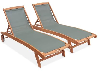 2er-Set Sonnenliegen aus geöltem Eukalyptusholz mit khaki Textilene - Marbella