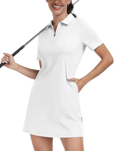 Soneven Damen Tenniskleid mit Hose 1/4 Zip Tennis Kleidung Set Kurzarm Sportkleider Sommerkleid Golfkleid Für Sport Tennis Baseball,Weiß,M