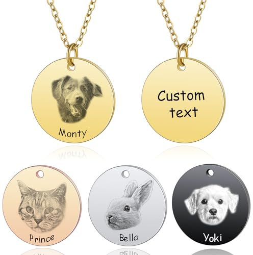 MeMeDIY Personalisierte Hund Katze Katze Haustier Halskette für Frauen Männer Graviertes Porträt Skizzieren Foto Name Edelstahl Anhänger Haustier Erinnerung Geschenke - B1 Gold