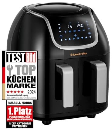 Russell Hobbs Friggitrice ad Aria a Doppio Cestello - 2 Cestelli da 4,25 l - Cibi diversi nello stesso momento, 8 Programmi; 30°-200°; Lavastoviglie, Display digitale, Air Fryer 27290-56S