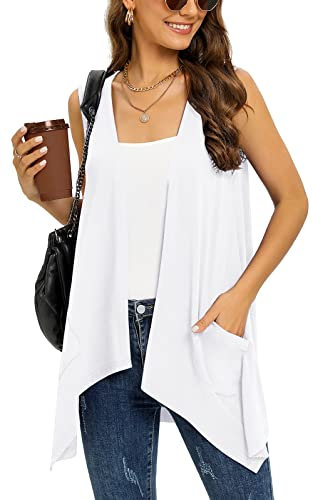 Wiwclo White Sleeveless Cardigan Vest for Women Plus Size Lightweight Summer Jacket with Pockets Casual Work Knit Open Front Long Drape Duster,3XL