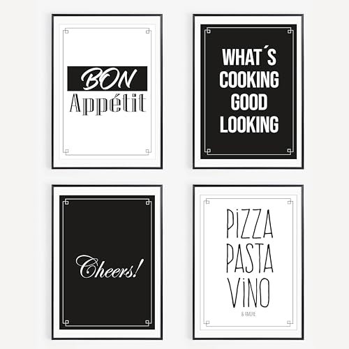 Lineo 4er Set Küchen-Poster Lustige Sprüche; Deko für Küche, Büro, Pausenraum; Hochwertiger Kunsdruck witzige Zitate Wand-Bilder 4 Stück in DIN-A4 (Küche, 4er Set - 21x30 cm, Ungerahmt)