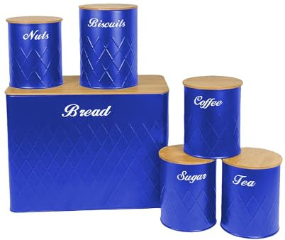 SG Traders 6pc Kitchen Storage Set with Airtight Bamboo Lids Includes Tea Coffee Sugar Nuts with Biscuit Barrel Canister Jar & Stylish Bread Bin – Diamond Embossed Design Matt Finish (Royal Blue)