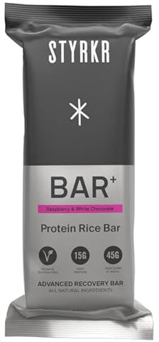High Protein Energy Bars by Styrkr - 15g of Protein & 45g of Carbs - Pack of 12 Rice Bars - Raspberry & White Chocolate Flavour - Approved by Endurance Athletes for Cycling & Running - BAR+ 12x Pack