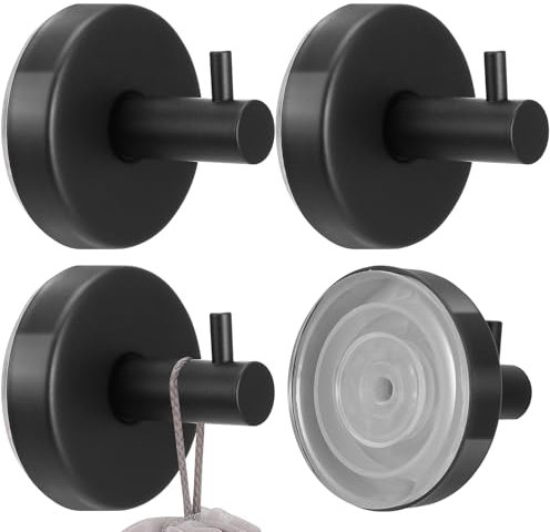 4PCS Black Suction Cup Hooks, Stainless Waterproof No-Drill Heavy Duty Vacuum Adhesive Hooks for Shower, Bathroom, Glass Shower Doors, Tile (Hang up to 5KG)