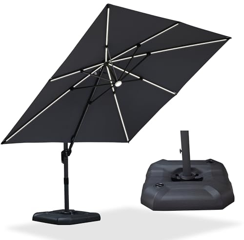 PURPLE LEAF Parasol Déporté, Parasols de Jardin Extérieur Toile 240 g/m² avec Protection UV, 8 Baleines en Aluminium, Manivelle, Inclinable et Rotative, Parasol avec Pied 3 x 3 m LED Gris clair