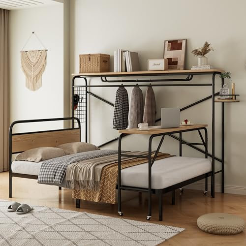 Metallbett, Flachbetten + Tisch + Vertikaler Garderobenständer, Tisch mit Rädern, Kompletter Satz Schlafzimmermöbel, Heranwachsende und Erwachsene, Metallrahmen, Metall+MDF, Schwarz + Natur, 140x200