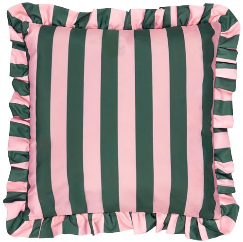 furn. Palm Royale Stripe Polyester Gefülltes Kissen – Wasserabweisend Kräftig Gestreift Rüschenbesatz Outdoor Dekoratives Kissen (Rosa/Grün – 50x50cm)