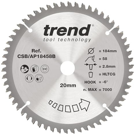Trend Aluminium & Plastic Circular Saw Blade 184mm, 58T, 20mm Bore | For Clean Cuts In Aluminium And Plastic, With 58T TCT Teeth, 2.8mm Kerf And -6° Hook Angle, CSB/AP18458B