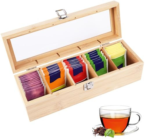 Weskjer Wooden Tea Box Organiser with 5 Compartment Tea Tidy,Tea Caddy for Tea Bags,Tea Storage,Tea Bag Storage,Tea Organiser for Sugar, Coffee Pods,30 x 10x 9 Cm