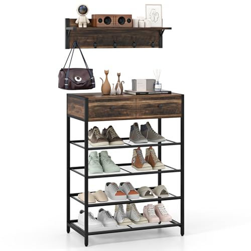 COSTWAY Perchero con Estante para Zapatos, Estantería con Zapatero de 5 Niveles con Perchero de Pared, Mesa Auxiliar con 2 Cajones, 4 Ganchos y 4 Estantes para Entrada, Dormitorio y Cocina