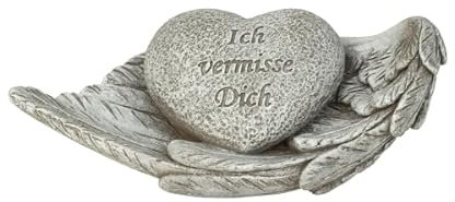 Mel-O-Design GmbH Grabherz auf Flügel Dekorative Grabdekoration, Herz mit 'Ich vermisse Dich' Inschrift auf Engelsflügel, Grauer Stein-Look