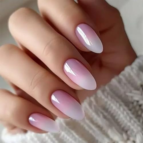 KAVI' S 24pcs French Tip Stick on Nails Light Color Press on Nails Nude Pink Gradient Glitter Fake Nail Short Almond Acrylic False Nails Jerry Glue for Women Girls Nail Art