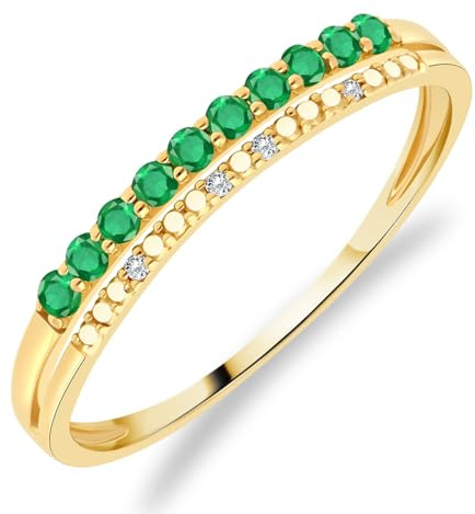 Planetys - Damenring aus Gelbgold 375/1000 mit Edelsteinen mit 10 natürlichen Smaragden und 4 natürlichen Diamanten, 56 (17.8), Metall, Smaragd