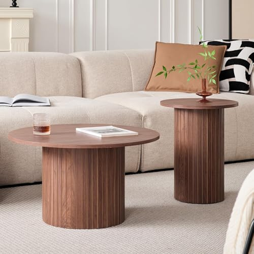BenyLed Ensemble de 2 Tables Basses Gigognes Rondes avec Base Cylindrique ; Table D'appoint Moderne avec Plateau en MDF et Base à Lattes en Bois (Noyer/Grain de Bois)