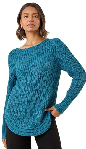 Roman Originals Women Ribbed Jumper for Women UK Ladies Curved Hem Sweater Stitch Detail Pullover Chunky Knitwear Knit Winter Autumn Textured Oversized Soft Cosy Comfy - Blue - Size 14