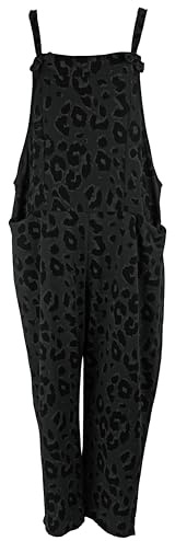 TEXTURE Ladies Women Italian Lagenlook Leopard Print Tie Knot Strap 2 Pocket Cotton Jersey Dungaree Overall One Size