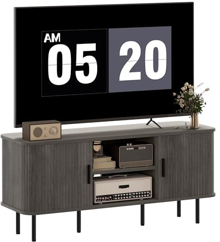 Fecpoo TV Stand Cabinet for Up to 55 TVs – Slatted Tambour Door Storage, Melamine-Coated Particle Board & MDF, Grey, 120W x 40D x 55H cm, Living Room