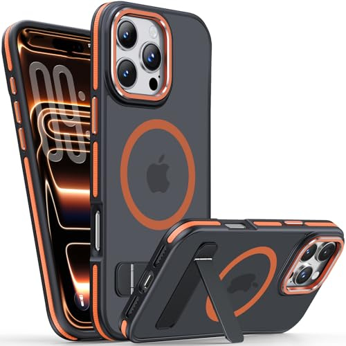 Hülle für iPhone 15 Pro Max mit Unsichtbarem Ständer, Kompatibel mit MagSafe, Militärischer Fallschutz, Transluzente Matte Rückseite Magnetisch Handyhülle, Fingerabdruckfest & Rutschfest-Orange