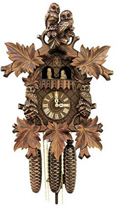 Rombach & Haas Klassische Kuckucksuhr Naturholz dunkel Eulenuhr mit Musik 8-Tagewerk 50 cm