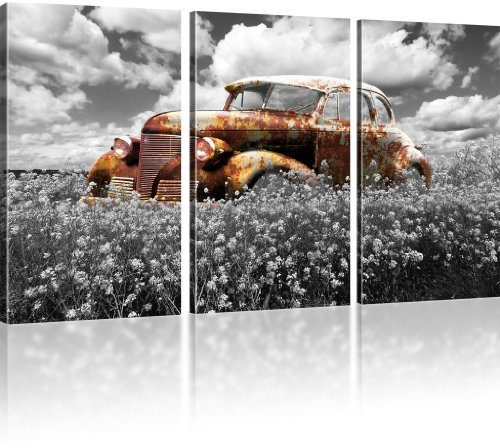 Kunstlab Rostiger Oldtimer Bild auf Leinwand Auto Leinwandbild Wiese Wandbild - 165x100 cm 3-Teilig: Schwarz-Weiss