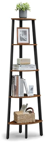 VASAGLE Corner Shelf Stand, 5-Tier Corner Bookshelf, Industrial Ladder Shelf, Plant Stand for Living Room, Office, Kitchen, Rustic Brown and Black ULLS35X