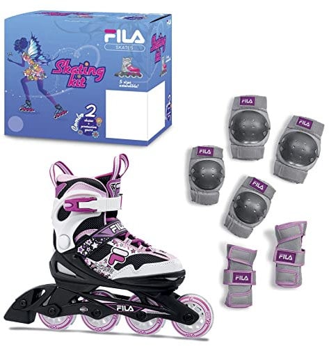 FILA Mädchen J-ONE Combo I 2 Set Skate & Schützer I größenverstellbar I schwarz/weiß/magenta