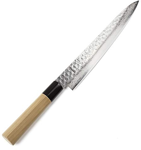 Syosaku Japanese Sujihiki Knife Hammered Damascus VG-10 46 Layer D-Shape Magnolia Wood Handle, Slicer 9.5-inch (240mm)