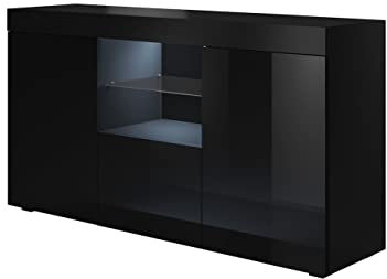 MB Muebles Bonitos, Aparador Sefora con Luz LED para Salón Comedor Moderno, Mueble TV de Melamina Brillo, Color Negro, 135x72x34 cm
