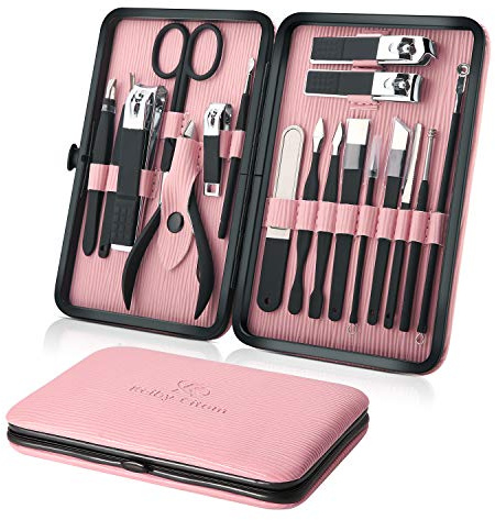 Manicure Set Professional Nail Clippers Kit Pedicure Care Tools- Stainless Steel Women Grooming Kit 18Pcs for Travel or Home (Pink)