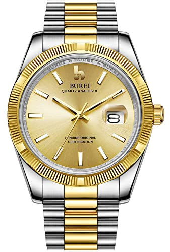 BUREI Herrenuhr Analoge Quarzuhr Goldenes Zifferblatt mit Datumsfenster Saphirglaslinse Zwei-Ton Edelstahlarmband