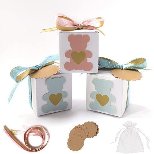 Stella Design Bomboniere Battesimo/Nascita, 48 Pezzi Bigliettini e Sacchetti, Orsetto Maschio/Bambina, Scatole Portaconfetti (Rosa)