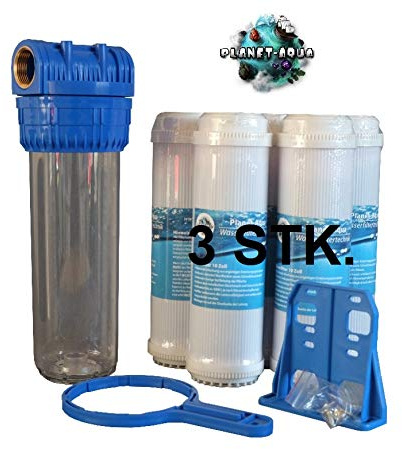 Planet-Aqua Wasser Filtergehäuse Set 10 Zoll 1/2 GW + 3 Aktivkohle Granulat Filter Kartuschen - Bakterien Kalk Gerüche - Wasserfilter Brunnen Pumpe Zisterne