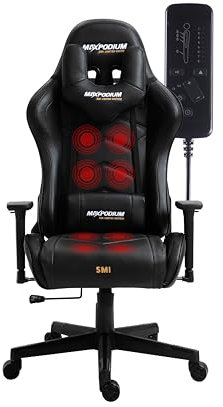 MAX Podium - Silla Gamer Tactical SMI con Masaje- Sillón Gamer de Acero, Silla Ergonómica para Juegos - Soporta 150kg, Brazos 3D, Tela Sintética P.U, Reclinación de 180 – Black