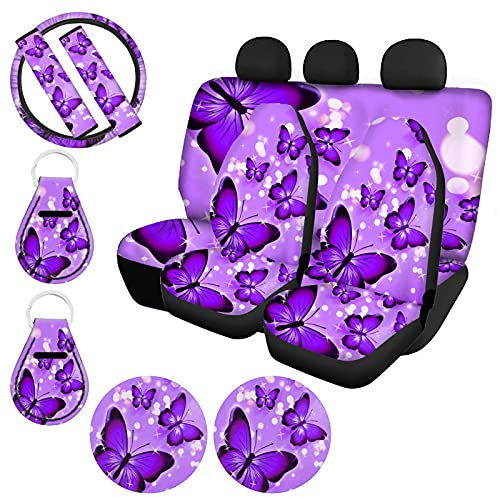 Huiacong - Coprisedili per auto, motivo farfalla, colore viola, per le donne, con coprivolante, per cinture, sottobicchieri, portachiavi universale per interni