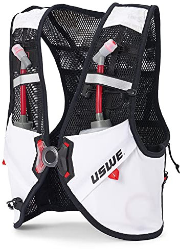 USWE Pace 8L Laufweste Trinkrucksack mit 2 x 500ml UltraFlask, Rucksack für Damen und Herren, Weiß Schwarz, S-M