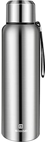 Insulated vacuum Thermo Bottle 1500ml/50oz with cup Stainless steel coffee bottles for hot and cold drink water flask.(Silver,1500ml)