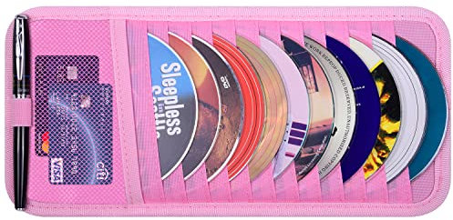 wisdompro Car CD Case Holder, Vehicle Sun Visor Organizer Disc Wallet for Cars with 12 DVD Storage Sleeves, 1 Mesh Pocket, 1 Pen Holder and Elastic Strap (Pink)