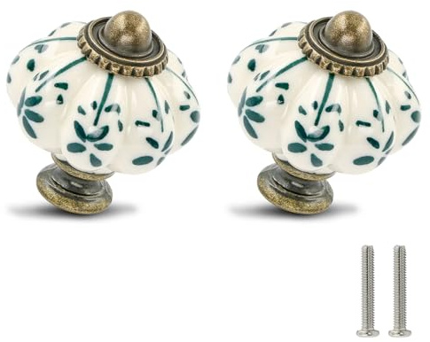 Zernmiarder Ivory & Green Pumpkin Knobs 12 Pack Ceramic Cabinet Knobs Vintage Drawer Pulls - Antique Dresser Pulls with Screws - Green Flower