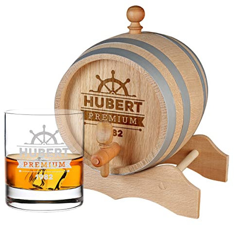 Lot de 2 verres à whisky personnalisés – Tonneau en bois 5 l avec robinet, verre à whisky 320 ml – Anniversaire, Noël – Cadeau homme – Pour spiritueux – Scotch, bourbon, whisky – Motif volant