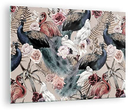 ARTTOR Bilder auf Glas Pfauen Squab Flamingos Glasbild 70x50cm Wandbilder Dekoration Wohnzimmer Schlafzimmer Küche Deko Klein Wanddeko Bild im Glas Wand Kunstdruck Art Modern Wall Decor GAA70x50-4890