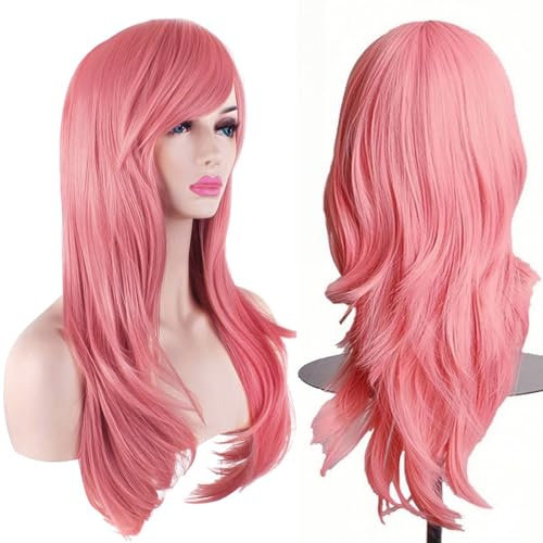 YEESHEDO Rouges Rosa Cosplay Perücke für Frauen Langes Gewelltes Haar Synthetische Perücken mit Pony für Halloween Party Kostüm Anime 28 Zoll 70 cm