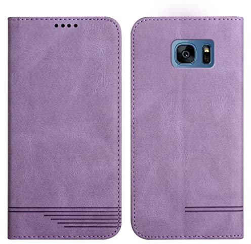 Klapphülle Kompatible für Samsung Galaxy S7, Einfarbig PU Lederhülle Weich TPU Handyhülle mit Kartenfach Stark Magnetverschluss Flip Case -Lila