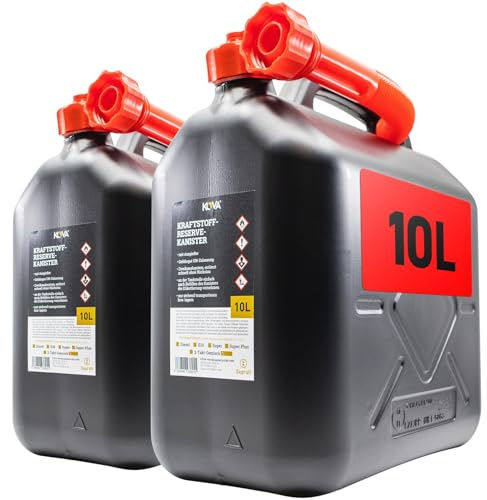 KOVA® 2x Benzinkanister 10L SCHWARZ Kunststoff Dieselkanister Reservekanister Kraftstoffkanister 10 Liter Wasserkanister für Benzin Diesel Wasser AdBlue 10-Liter-Kanister & Außgießer 10 ltr Petrol Can