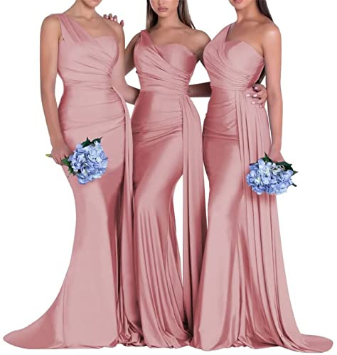 Robe de demoiselle d'honneur sirène de mariage pour femmes longue sans manches sexy plissée une épaule froncée moulante robe de soirée de demoiselle d'honneur, rose poudré, 44