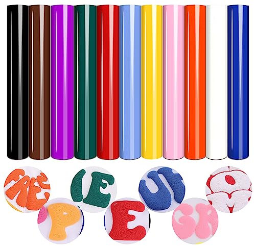 Tintnut Puff Vinyl Heat Transfer 3D -11 Sheets 12x10 3D Puff HTV Iron on Vinyl Assorted Colors Heat Transfer Vinyl HTV for T-Shirts Printable Vinyl